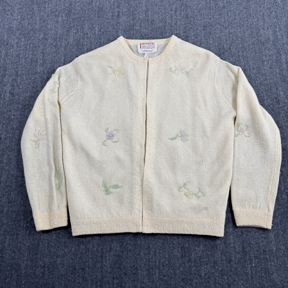 Vintage Imperial Imports Women's 38 Lambswool Beaded Floral Cardigan Hong Kong